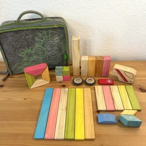 32 Piece Tegu Magnetic Wooden Blocks Set, Tints Plus Carrying Case, Wheels EUC